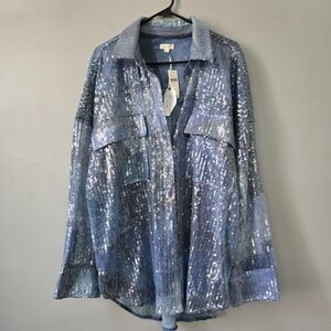 Pilcro Sequin Denim Patchwork Print Blue Top